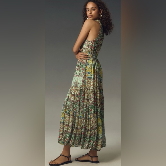 ANTHROPOLOGIE | NWT The Somerset Halter Maxi Dress in Green Motif, Size Large - Picture 3 of 12
